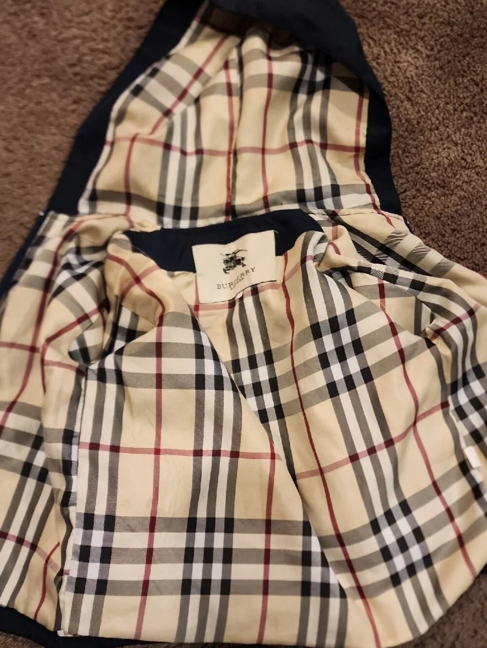 Navy Hooded Raincoat with Beige Check Hood Lining